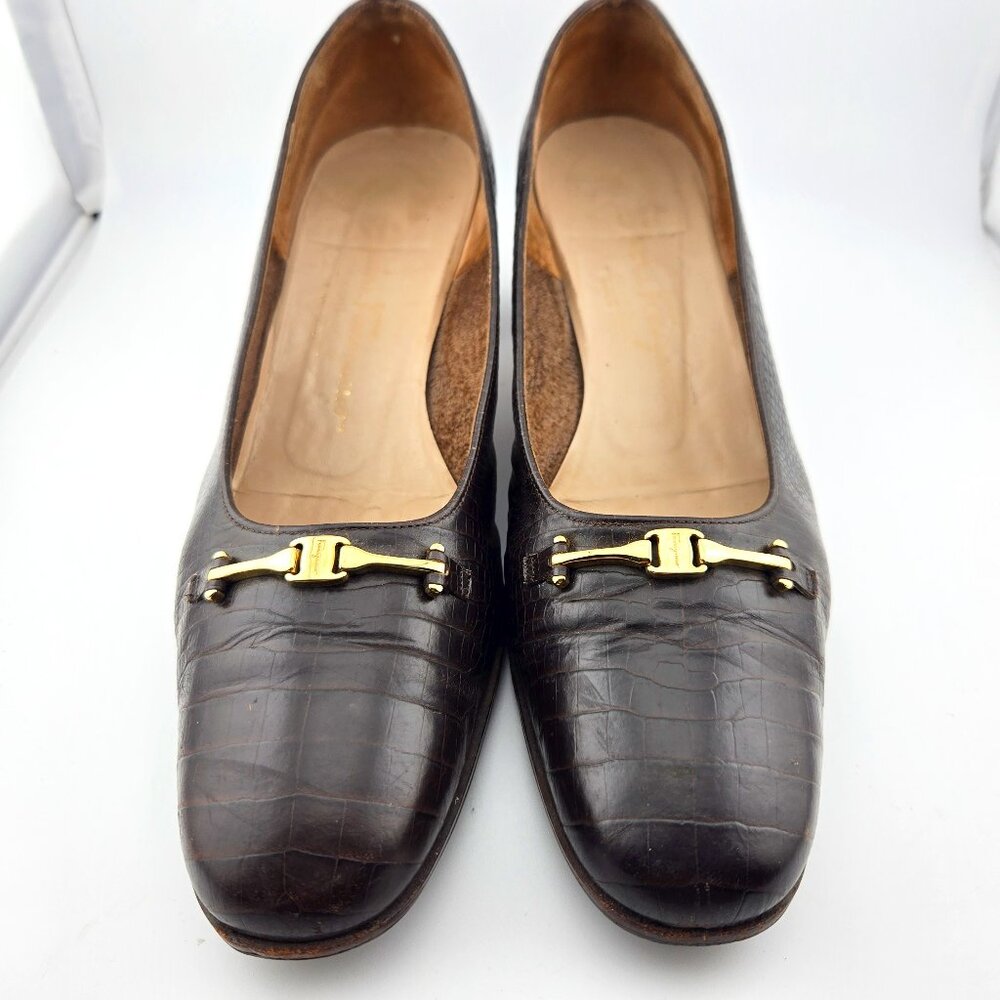 Salvatore Ferragamo Crocodile Print Loafers | Brown Leather | Size 11 AA